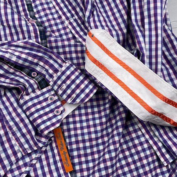 Robert X Graham Shirt Mens 2XLarge Blue Orange Gingham Check Tailored Fit - Picture 5 of 12